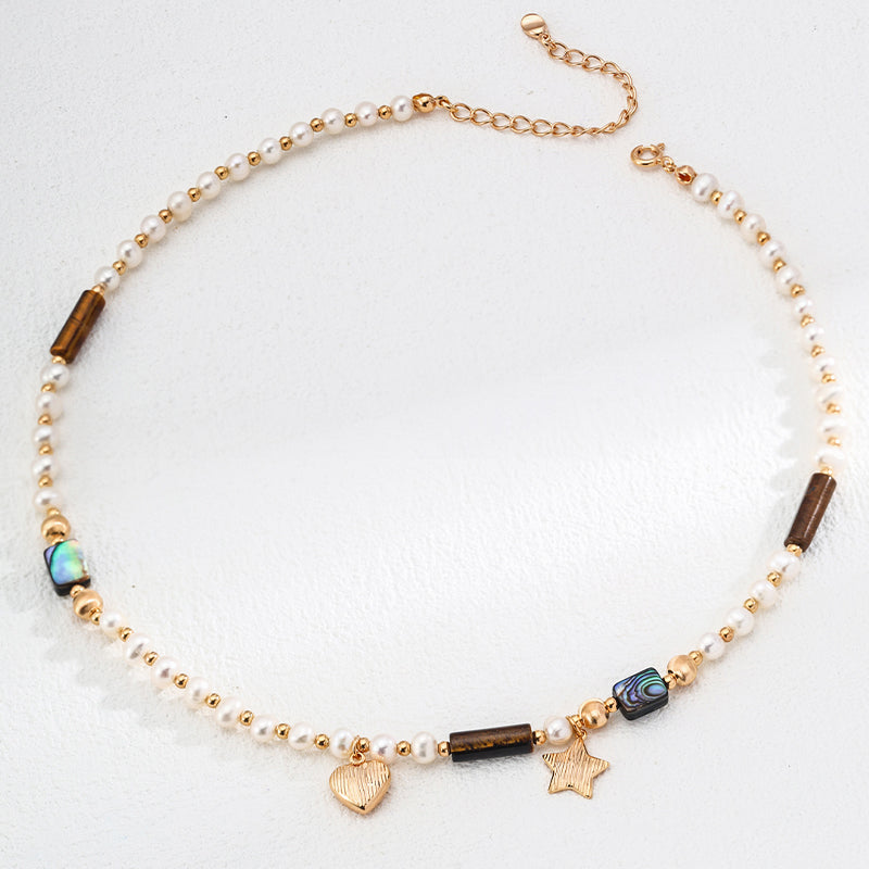 Natural Pearl, Tiger's Eye, and Abalone Shell Star-shaped Necklace