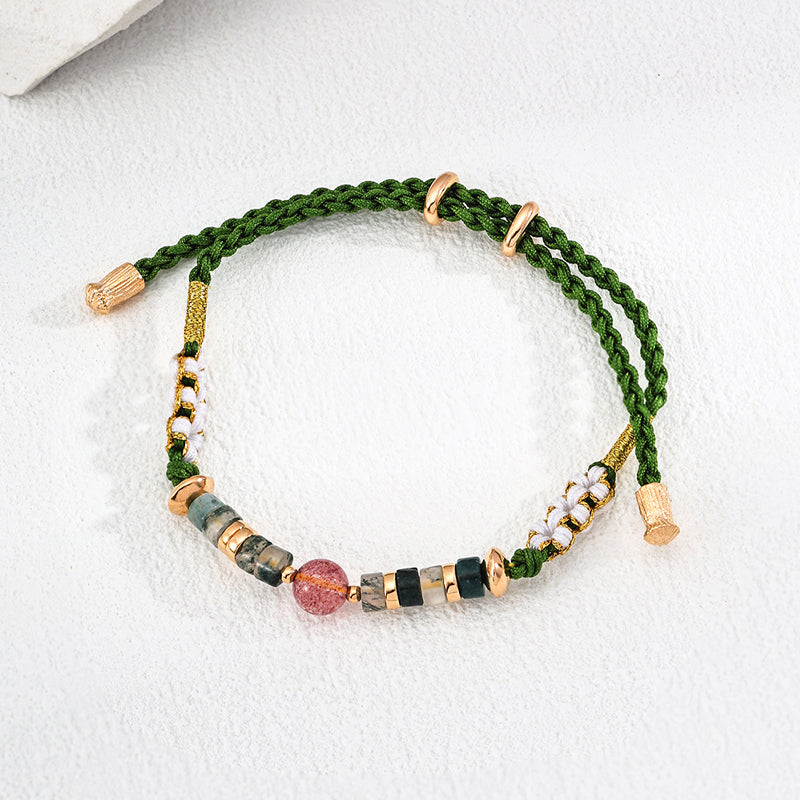 Prosperity: Vintage Strawberry Crystal and Aquamarine Hemp Bracelet