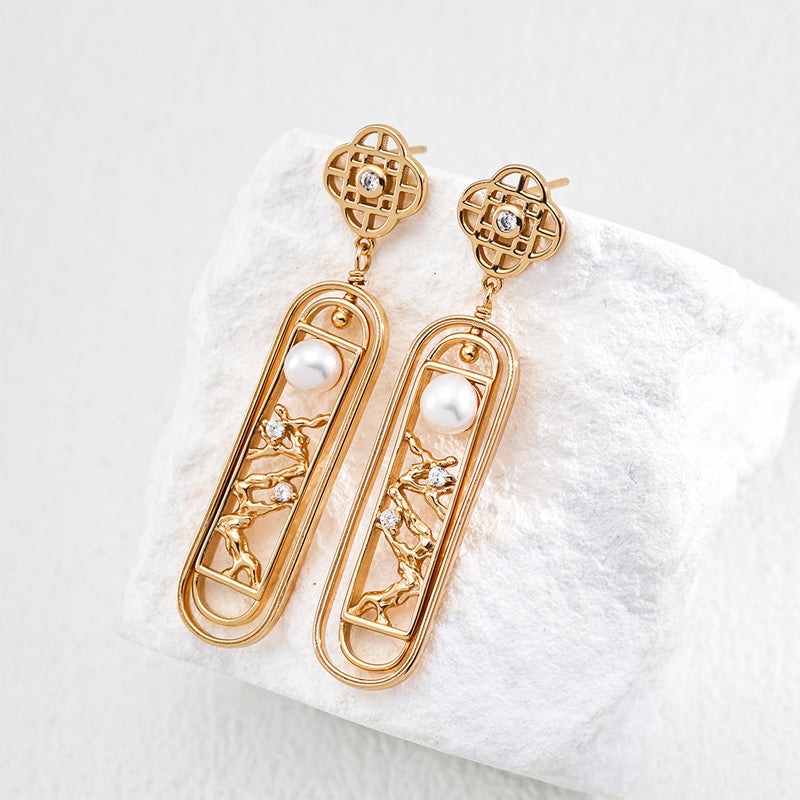 Chinese Style Natural Pearl and Cubic Zirconia Earrings