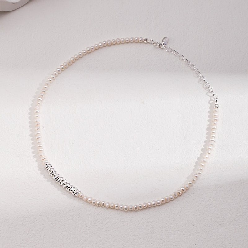 Designer Sterling Silver Pearl Necklace with Silver Blocks