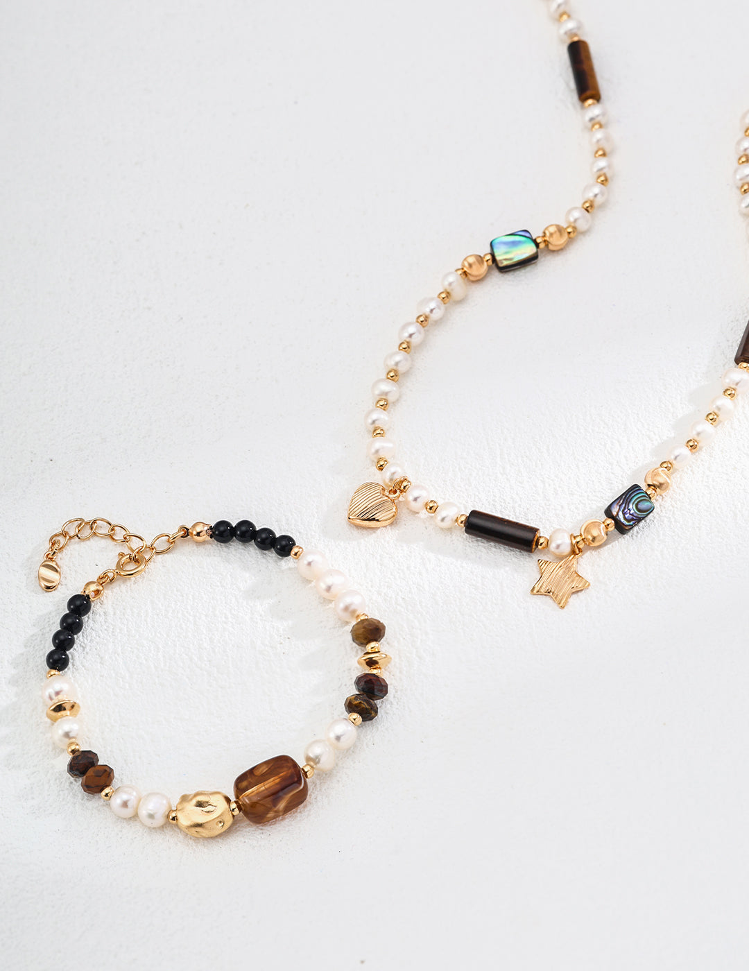 Natural Pearl, Tiger's Eye, and Abalone Shell Star-shaped Necklace