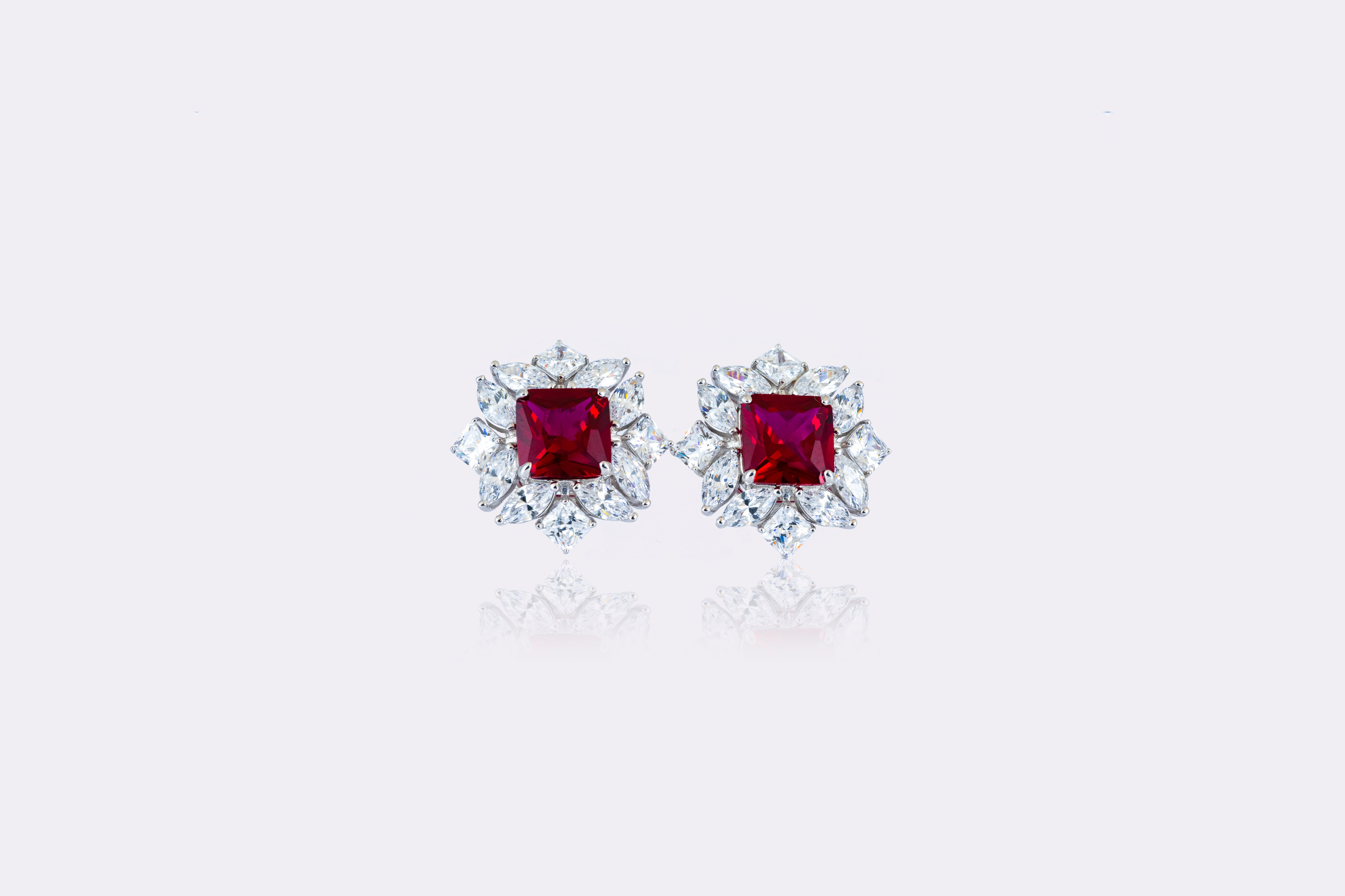 Crimson Charm: Elegant Ruby and Diamond Cluster Earrings