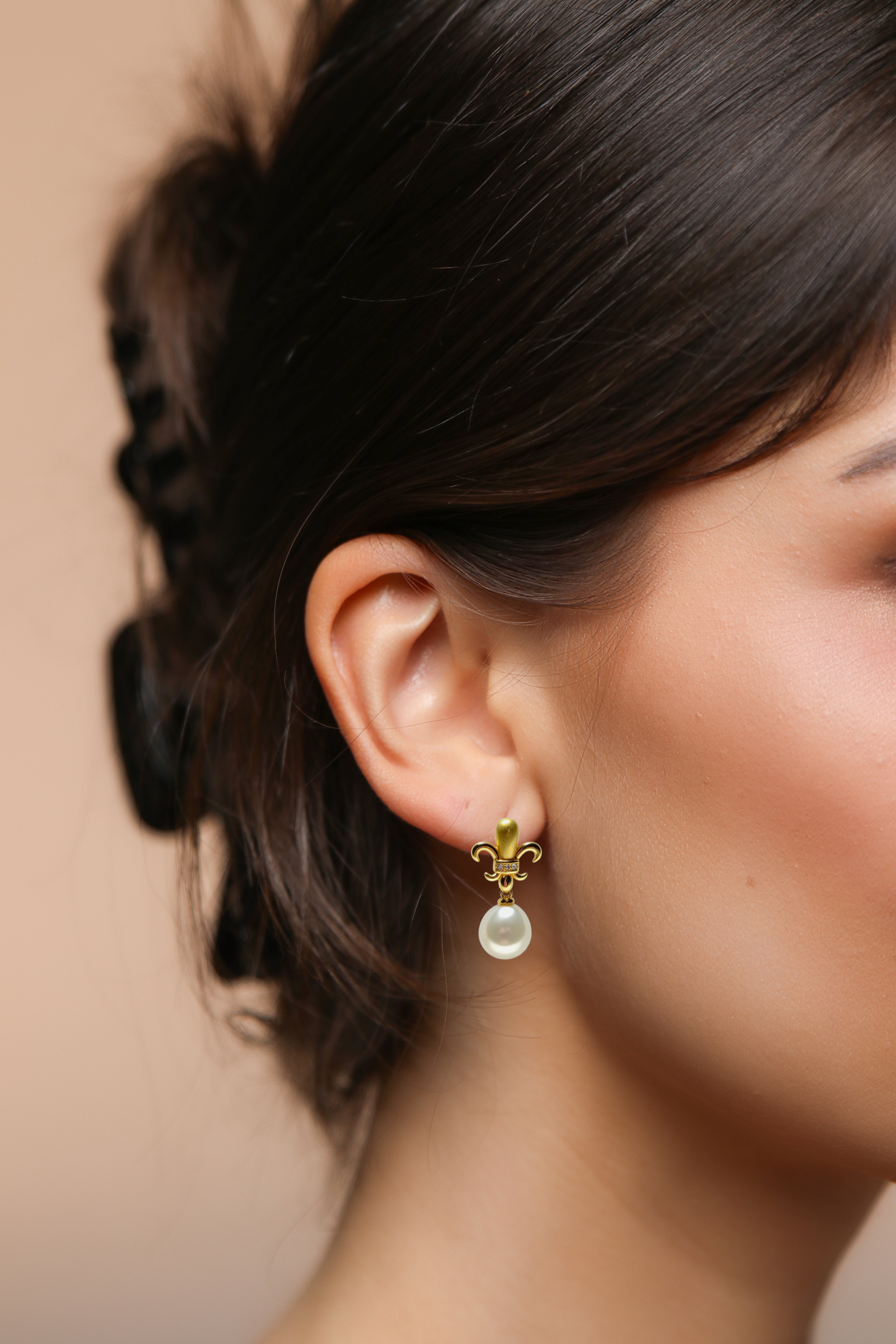 Golden Fleur-de-Lis Pearl Drop Earrings