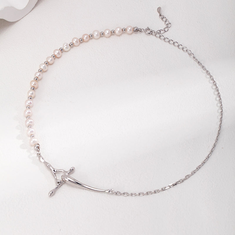 Serenading Tides: Sterling Silver Pearl Necklace