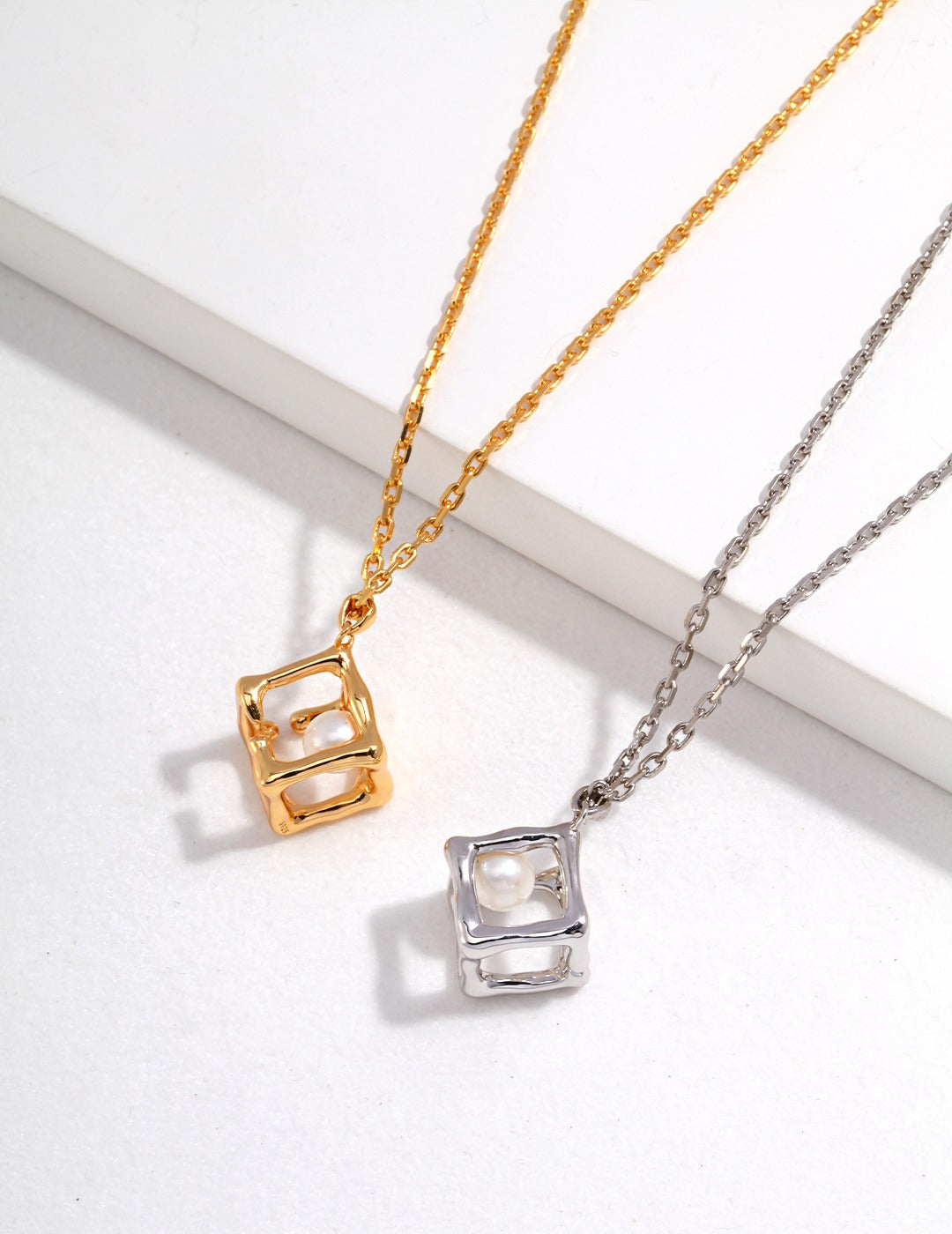 Gold Cube Pearl Pendant Necklace