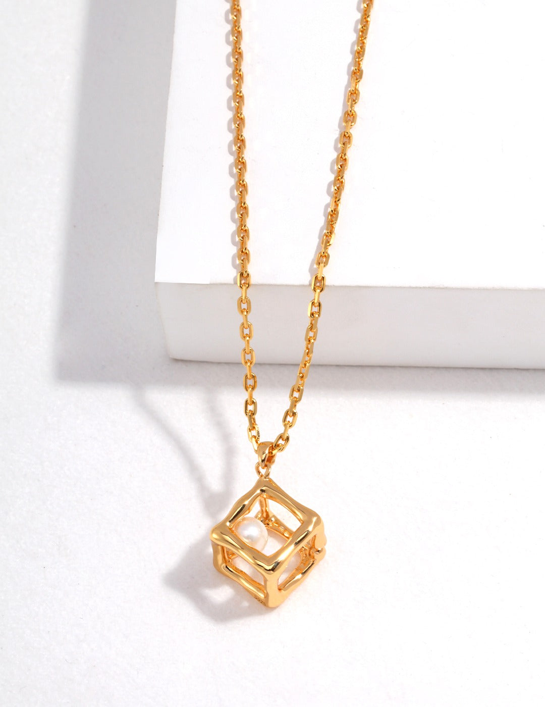 Gold Cube Pearl Pendant Necklace